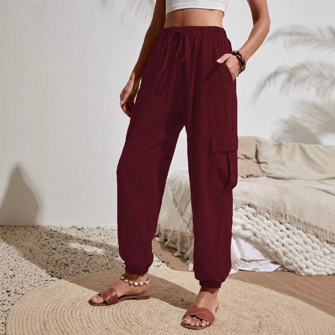 Solid Pocket Casual Cargo Pants | Elastic Waist Utility Trousers
