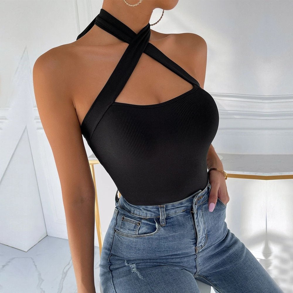 Solid Cross Halter Slim Fit Viscose Cami Top | Open Back Layering Top