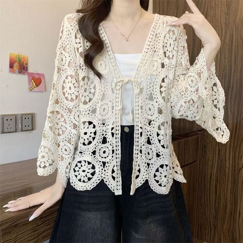 Hollow Knit Tie-Front Cardigan Top | Vintage Cotton Layering Knitwear