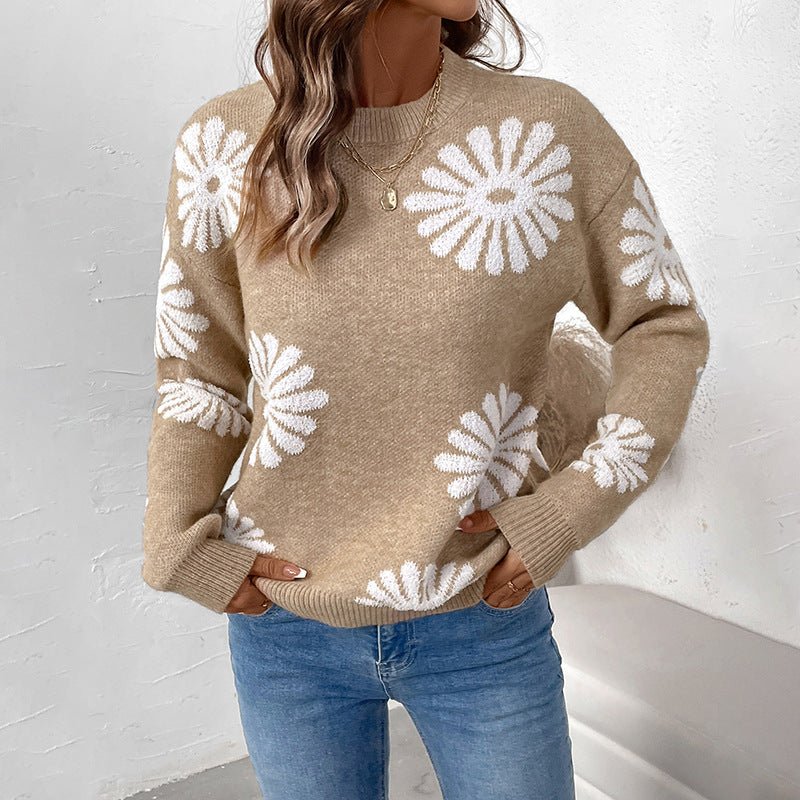 Floral Round Neck Pullover Knit Sweater | Autumn Winter Casual Boutique Top