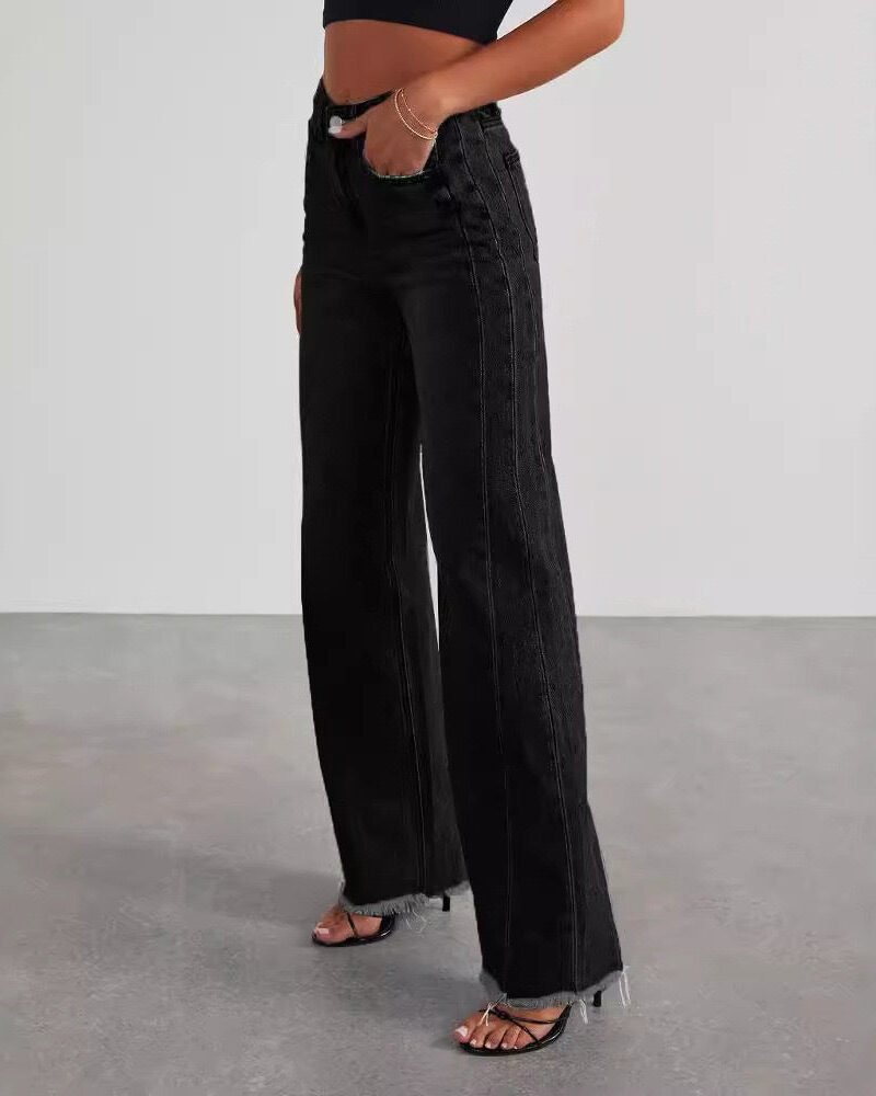 Washed Cotton Wide-Leg Floor-Length Jeans | Loose Fit Casual Denim Pants