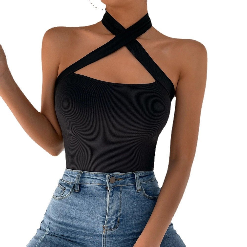 Solid Cross Halter Slim Fit Viscose Cami Top | Open Back Layering Top