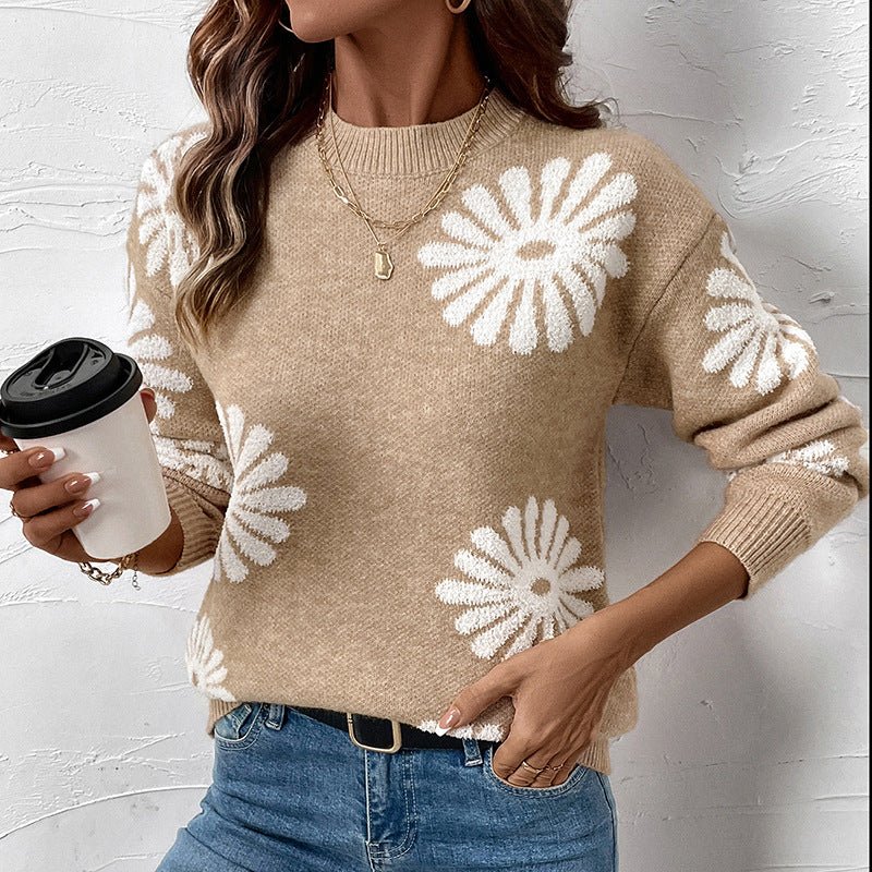 Floral Round Neck Pullover Knit Sweater | Autumn Winter Casual Boutique Top