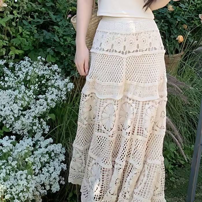 Lace Crochet Hollow A-Line Skirt | Gentle Cotton Boutique Skirt