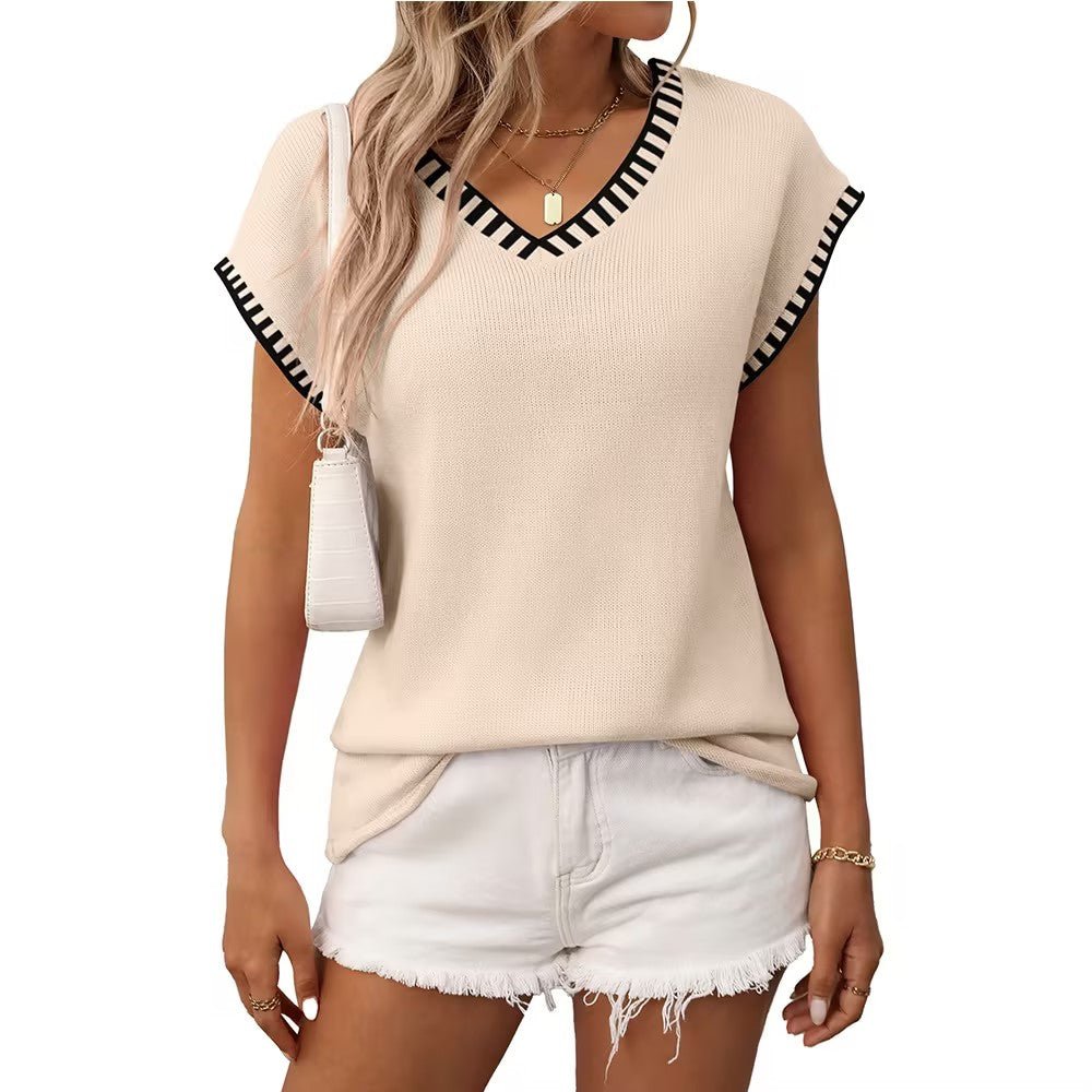 Striped V-Neck Knit Sweater Top | Lightweight Short Sleeve Knitwear