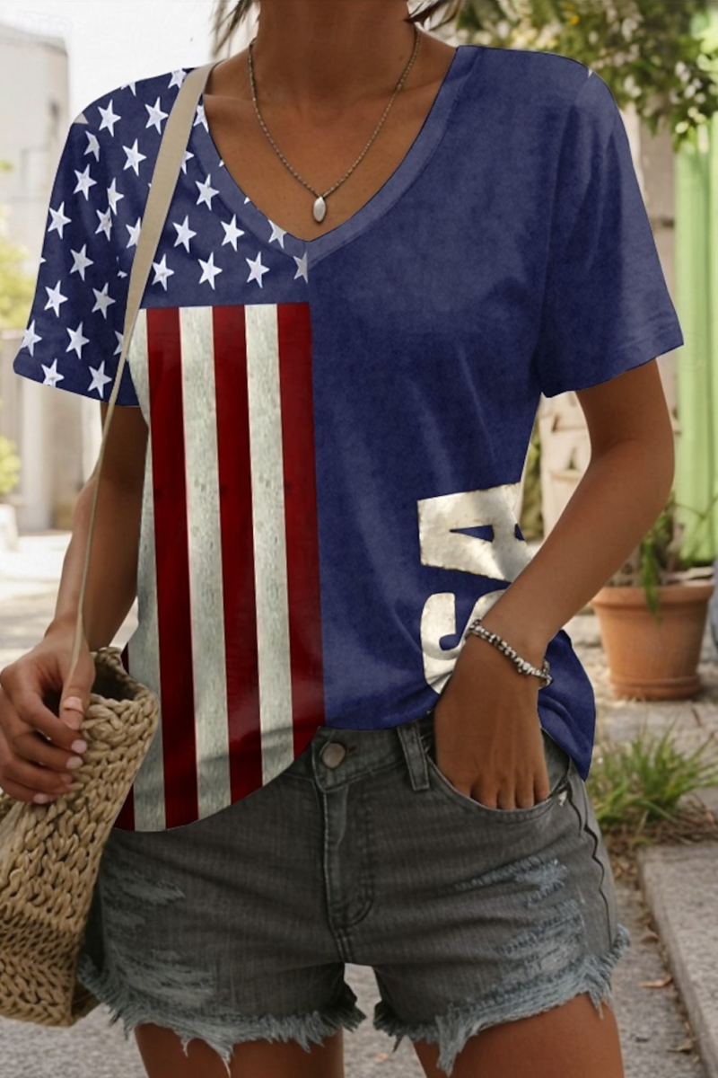 Women's American Flag Printed Casual Cotton V-Neck T-Shirt