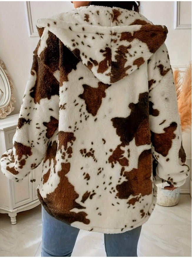 Printed Fuzzy Hooded Wool-Blend Jacket | Cozy Autumn Winter Boutique Outerwear