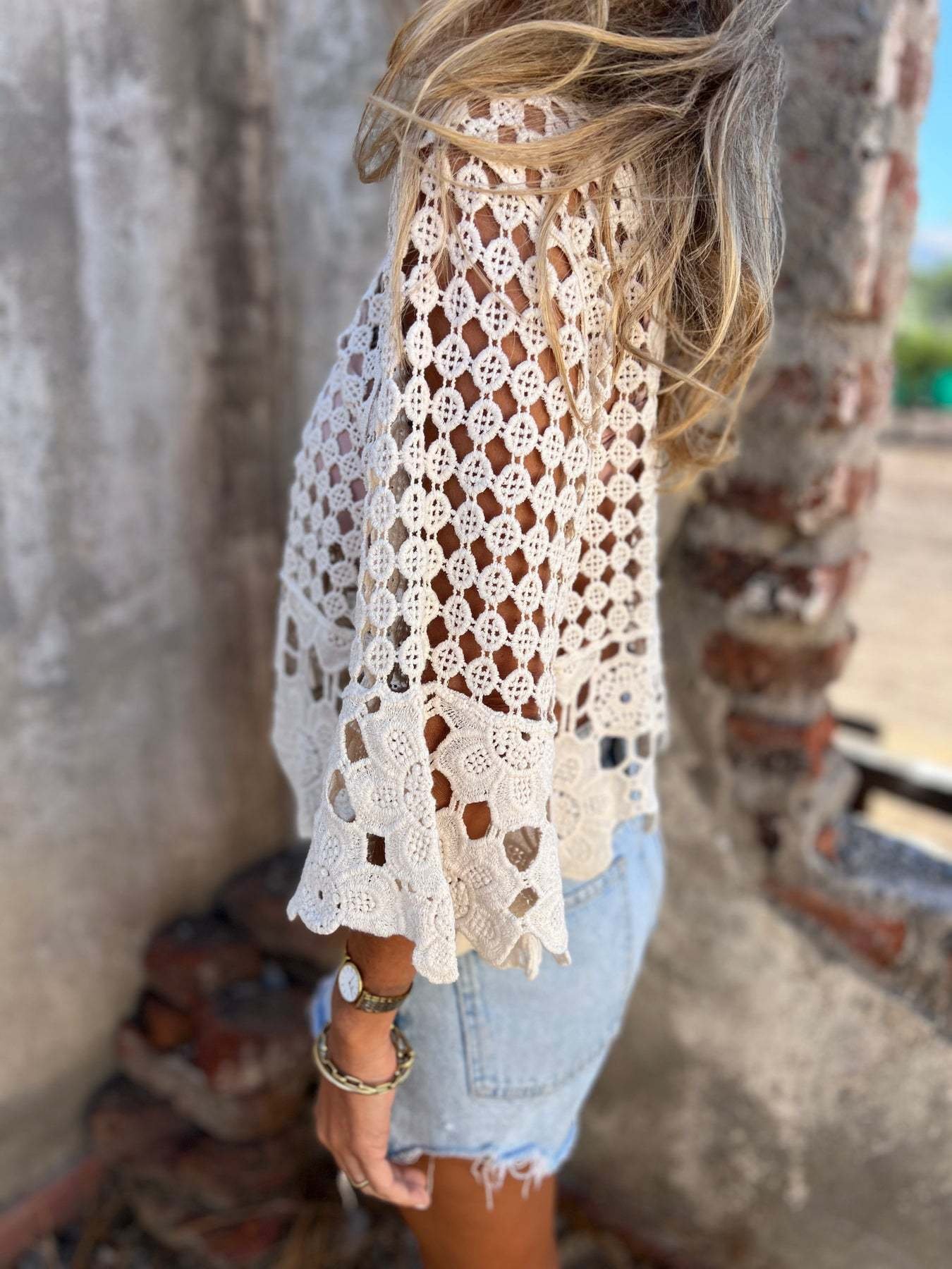 Hollow Crochet Bell Sleeve Knit Cover-Up Top | Tie-Front Cotton Layering Knitwear