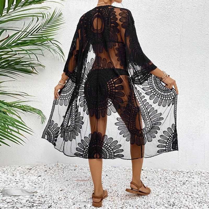 Lace Embroidered Floral Kimono Bikini Cover-Up | Cotton-Blend Resort Beach Cardigan