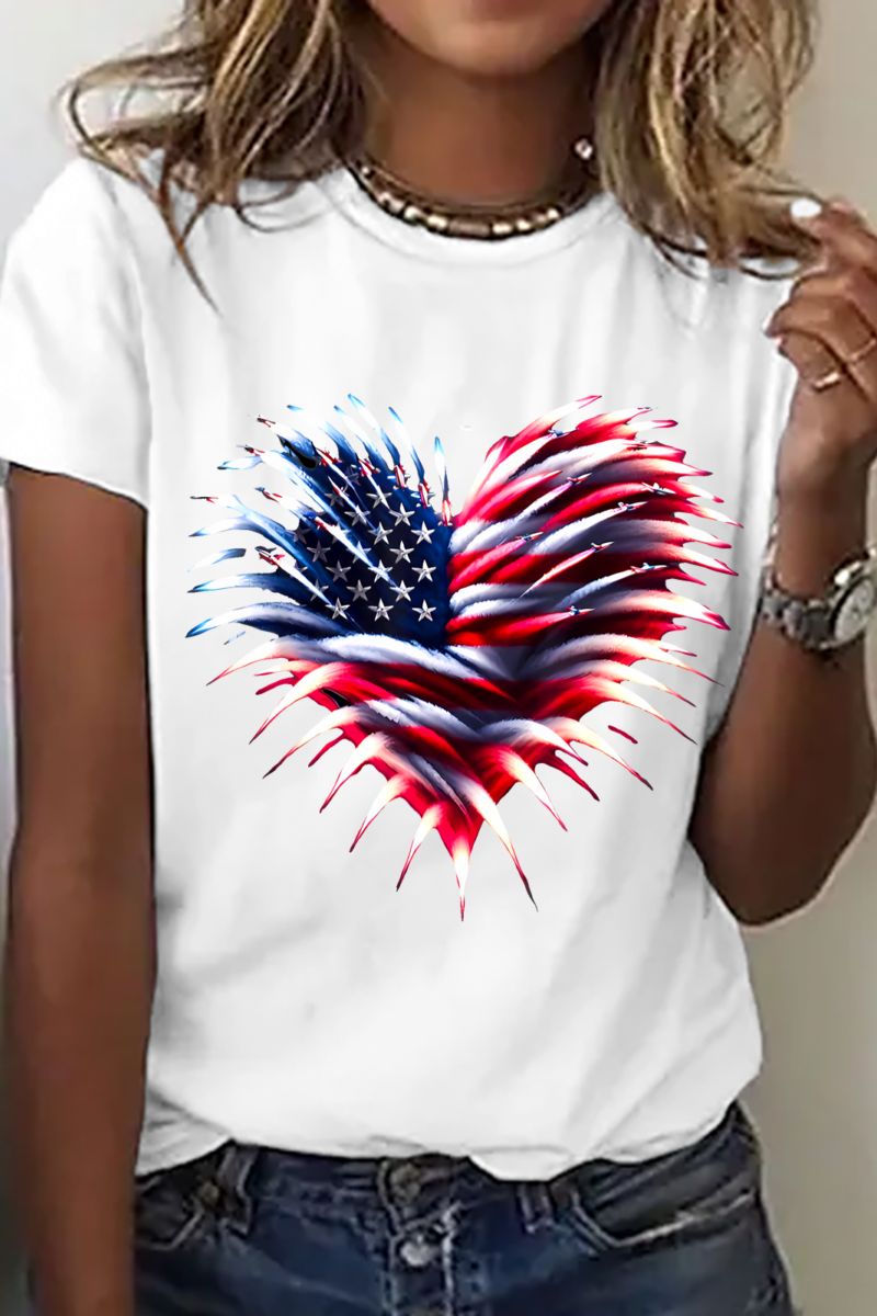 Independence Day Flag Heart Fireworks Cotton T-Shirt