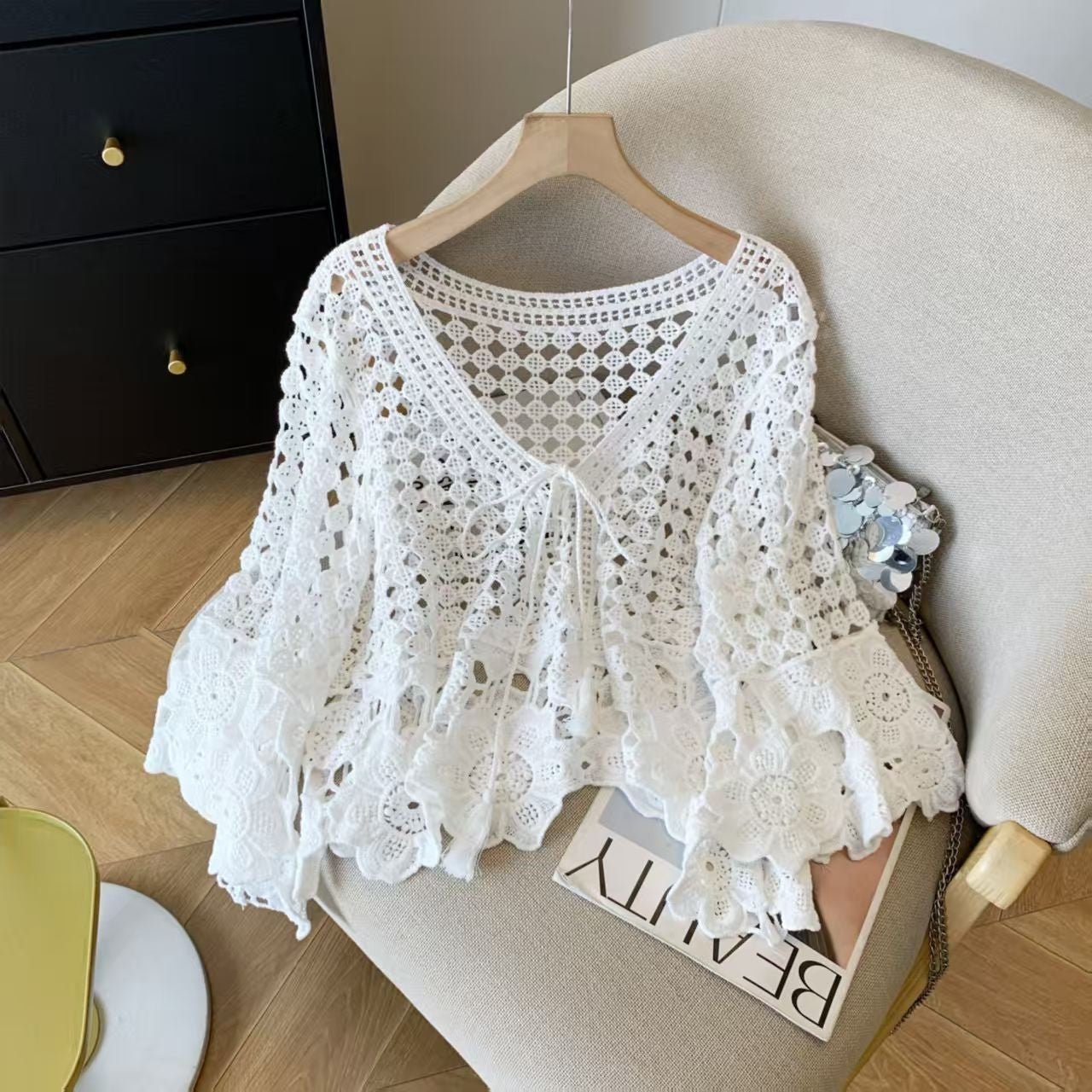 Hollow Crochet Bell Sleeve Knit Cover-Up | Lightweight Summer Layering Top