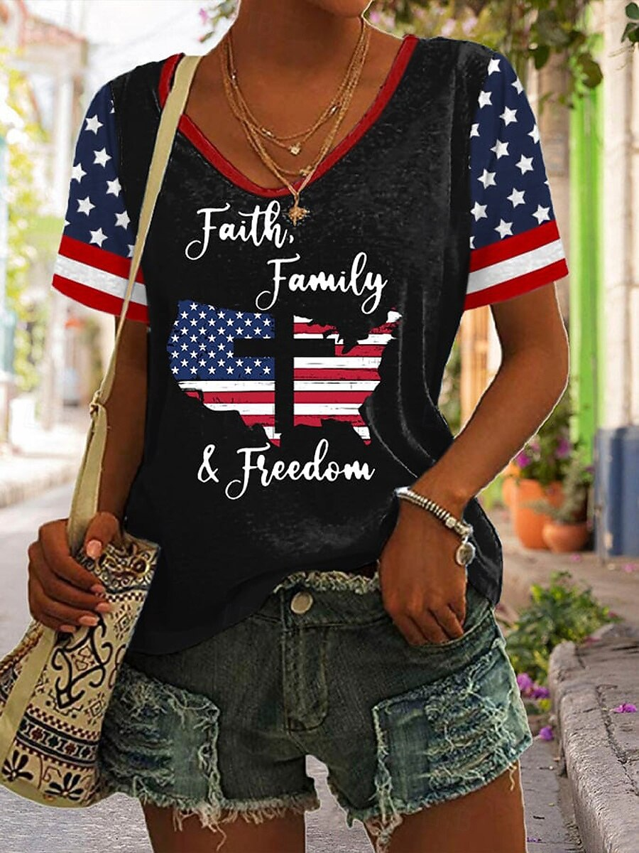 Women's 250th Anniversary Of The Founding Of the United States Vintage Short Sleeve V Neck 3D Printing Daily Going Out Casual T-Shirt