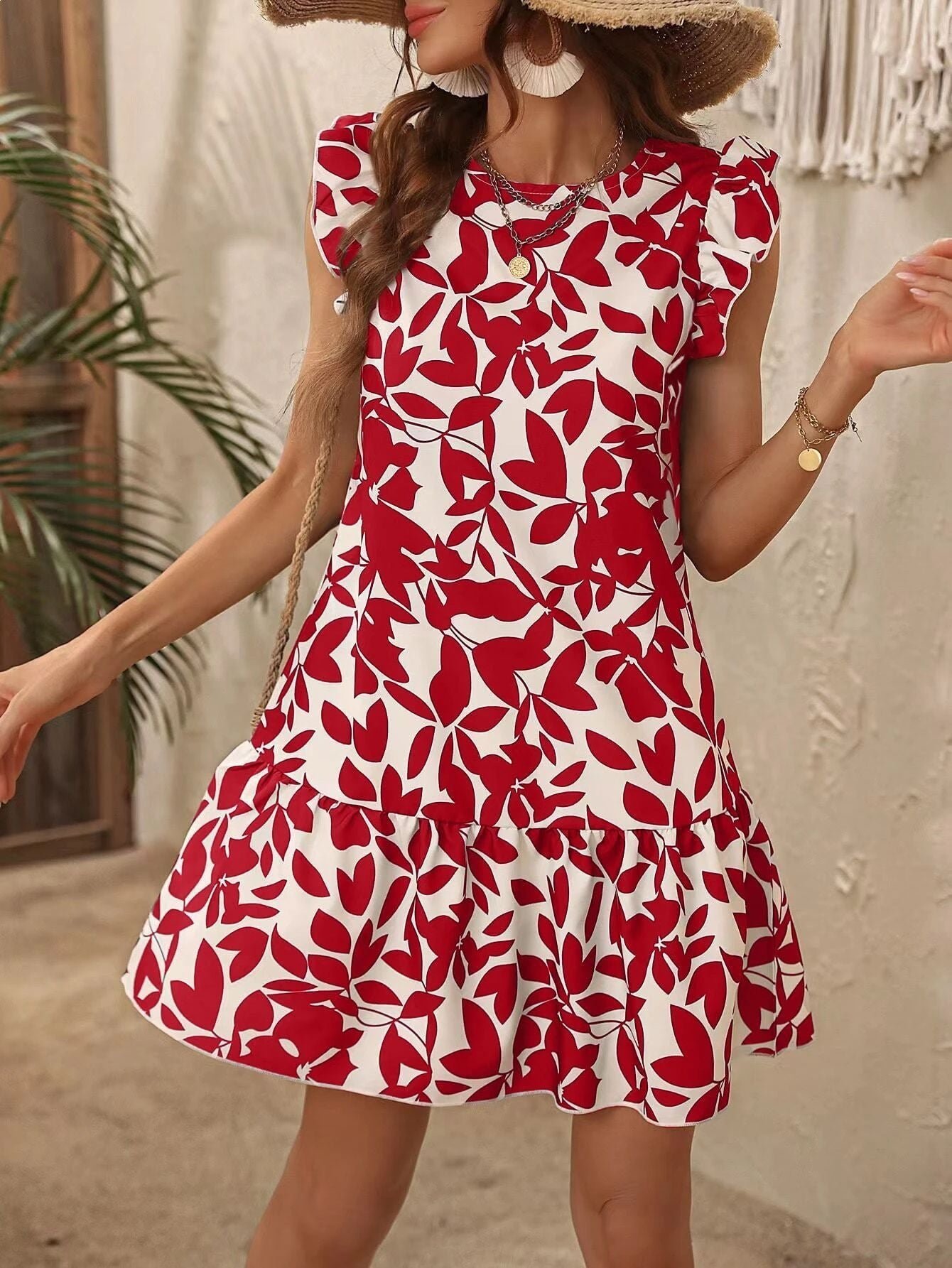 Printed Round Neck Flutter Sleeve Ruffle Dress | High-Waist Feminine Boutique Dress