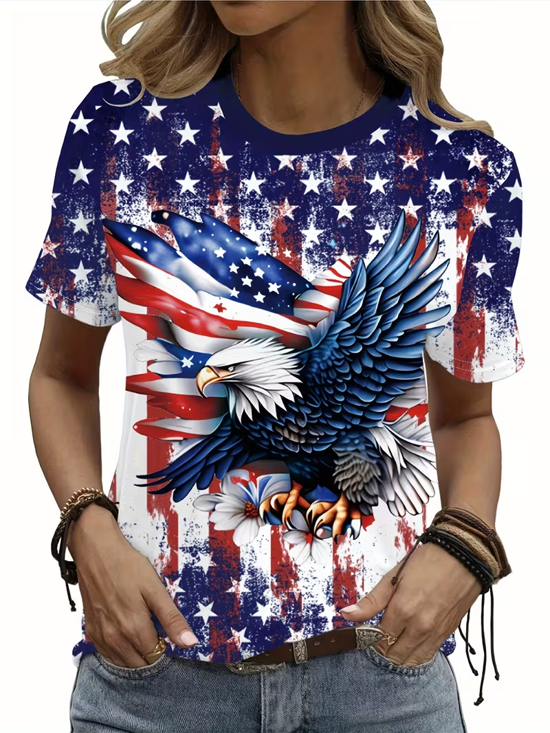 Women's Short Sleeve T-shirt Summer Blue America Flag Printing Jersey Crew Neck Daily Going Out Casual Top