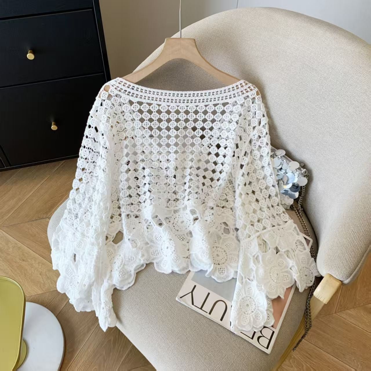 Hollow Crochet Bell Sleeve Knit Cover-Up | Lightweight Summer Layering Top