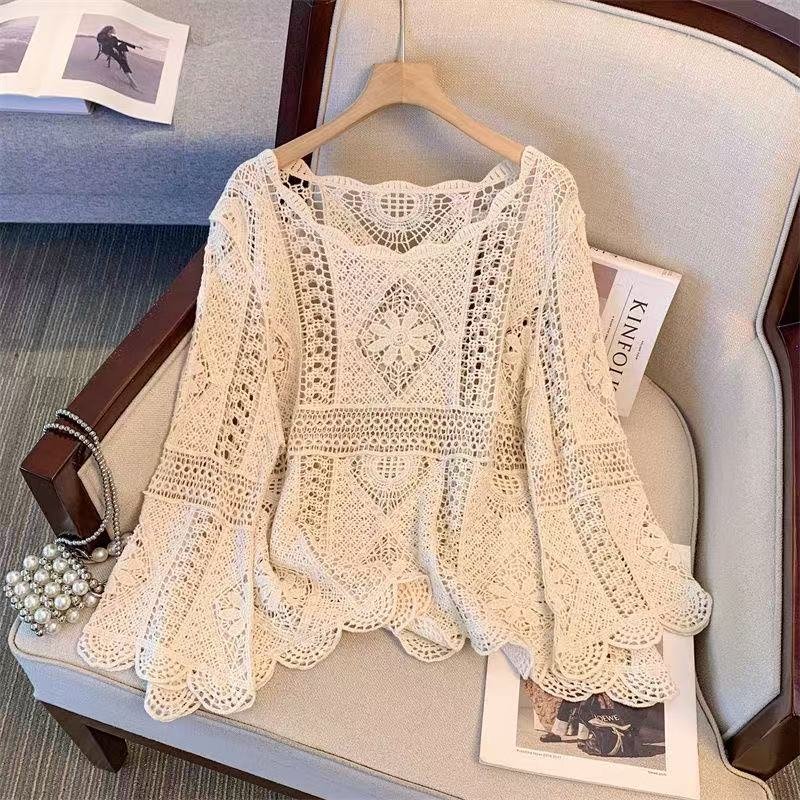 Boho Crochet Hollow Knit Pullover Top | Bell Sleeve Cotton Cover-Up