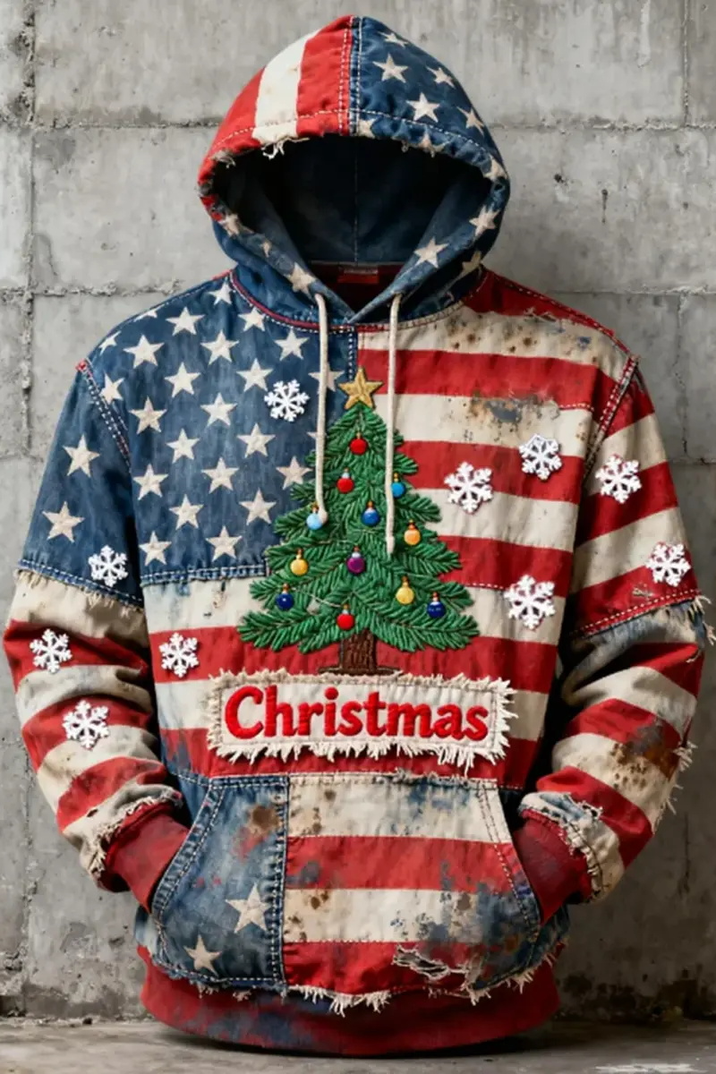Men's Retro Christmas Distressed American Flag 3D Print Ugly Hoodie