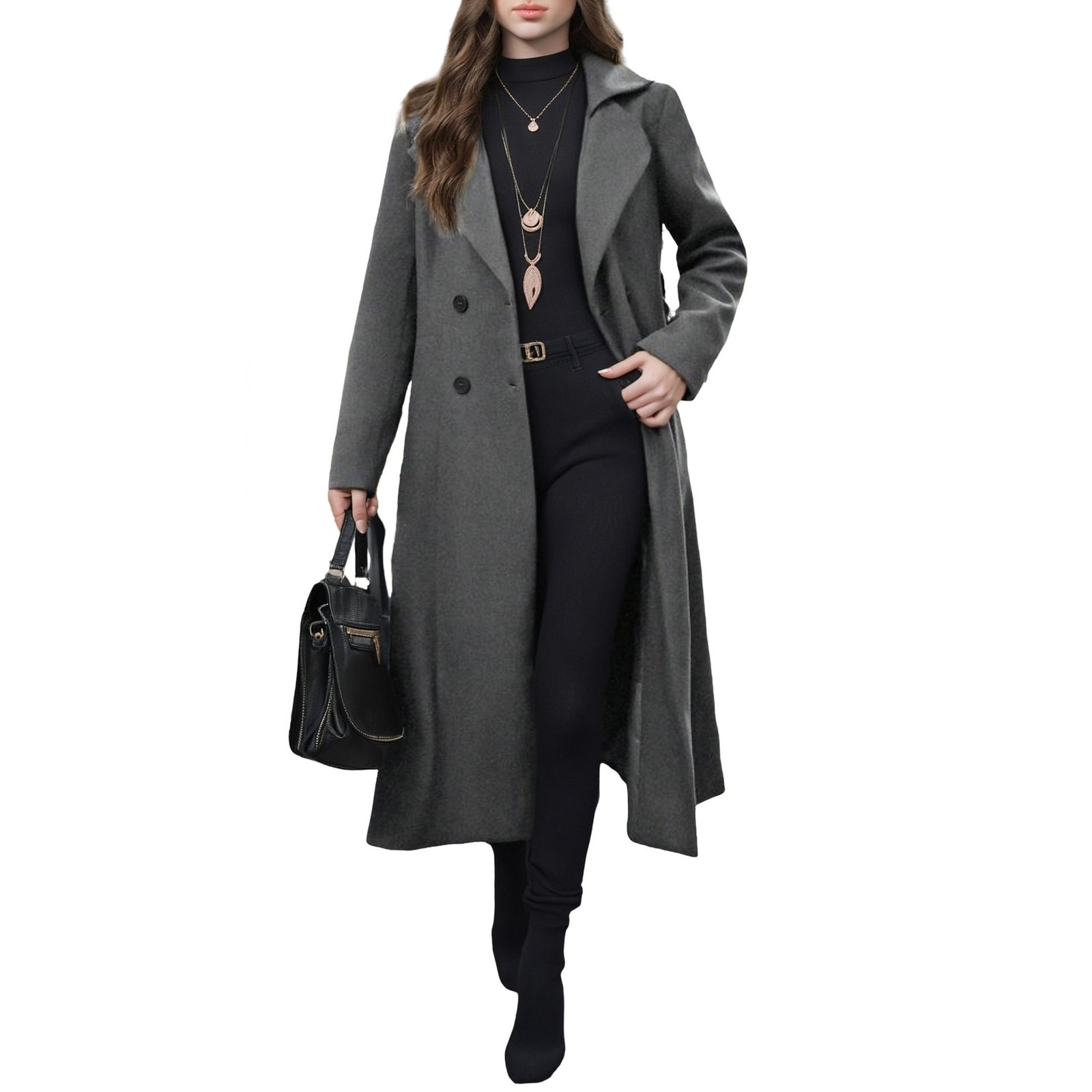 Lapel Tie-Waist Double-Breasted Wool-Look Trench Coat | Elegant Loose Fit Outerwear