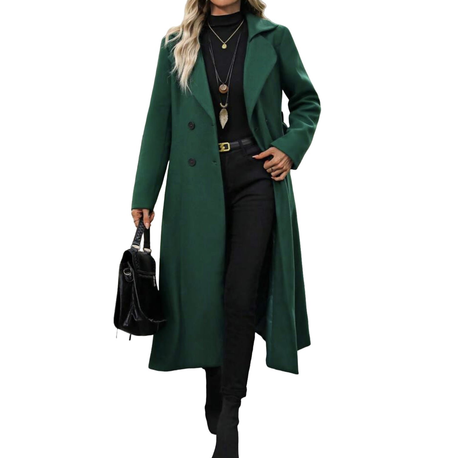 Lapel Tie-Waist Double-Breasted Wool-Look Trench Coat | Elegant Loose Fit Outerwear