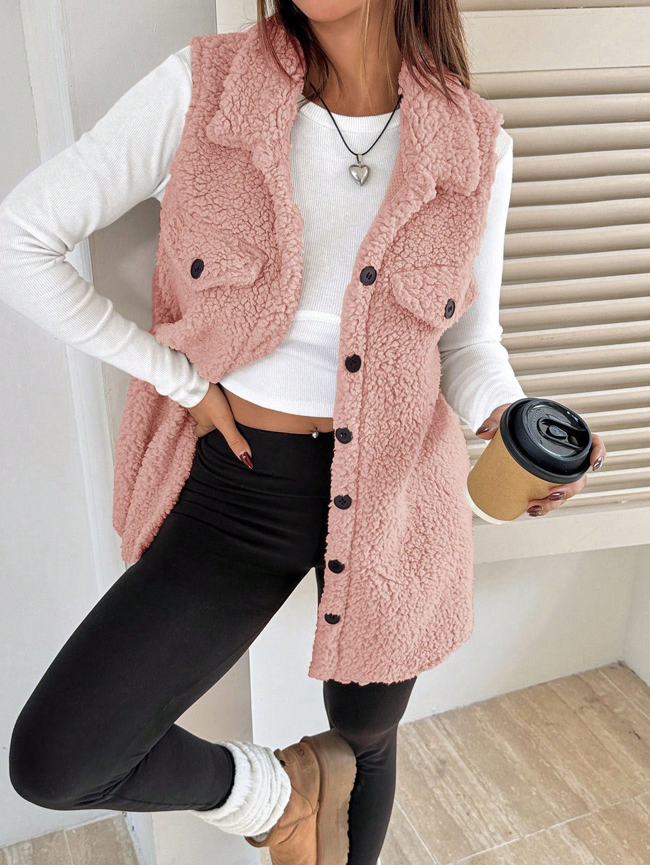Faux Shearling Lapel Button Vest Coat | Cozy Wool-Blend Boutique Outerwear