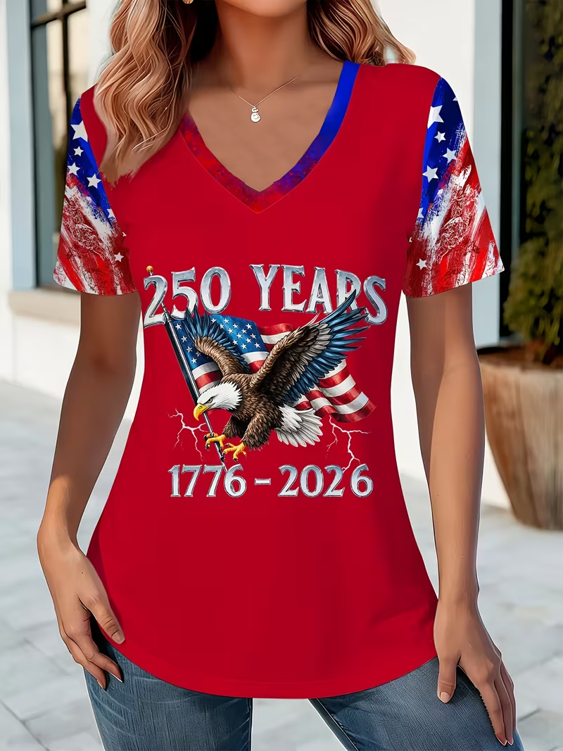 Women's USA 250th Anniversary Short Sleeve T-shirt Summer Red Text Letters Jersey V Neck Holiday Going Out Casual Top