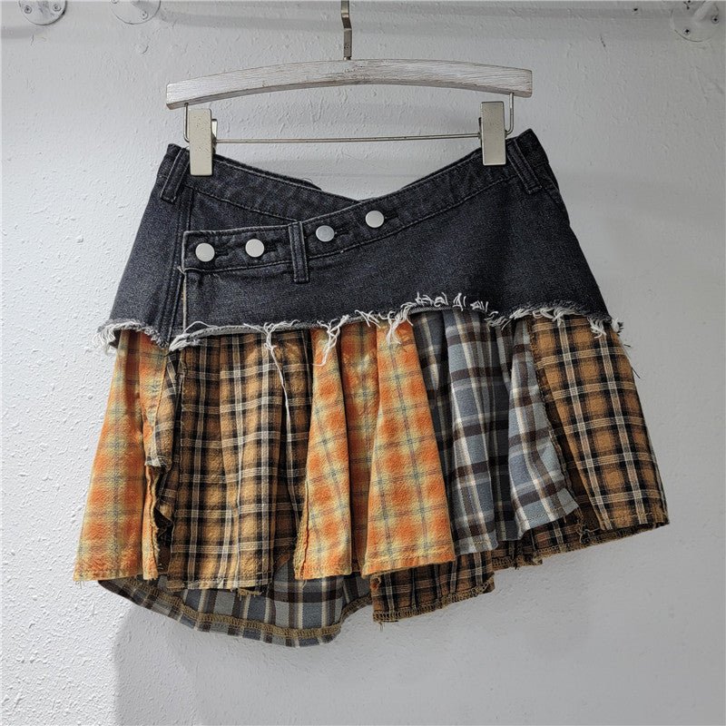 Low-Rise Patchwork Denim Asymmetrical Mini Skirt | American Streetwear Skirt