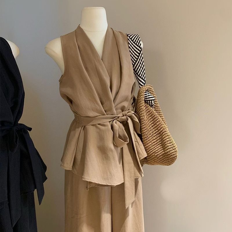 French V-Neck Halter Top & Wide Leg Pants Set | Chic Summer Two-Piece Outfit
