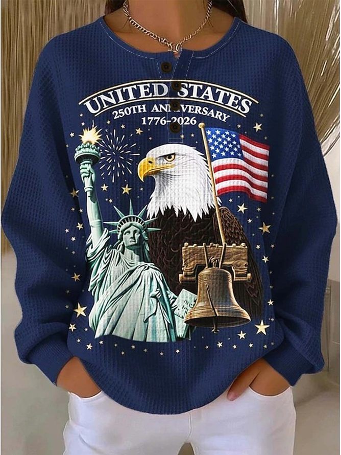 Independence Day Patriotic Long-Sleeved Sweatshirt With Front Buttons