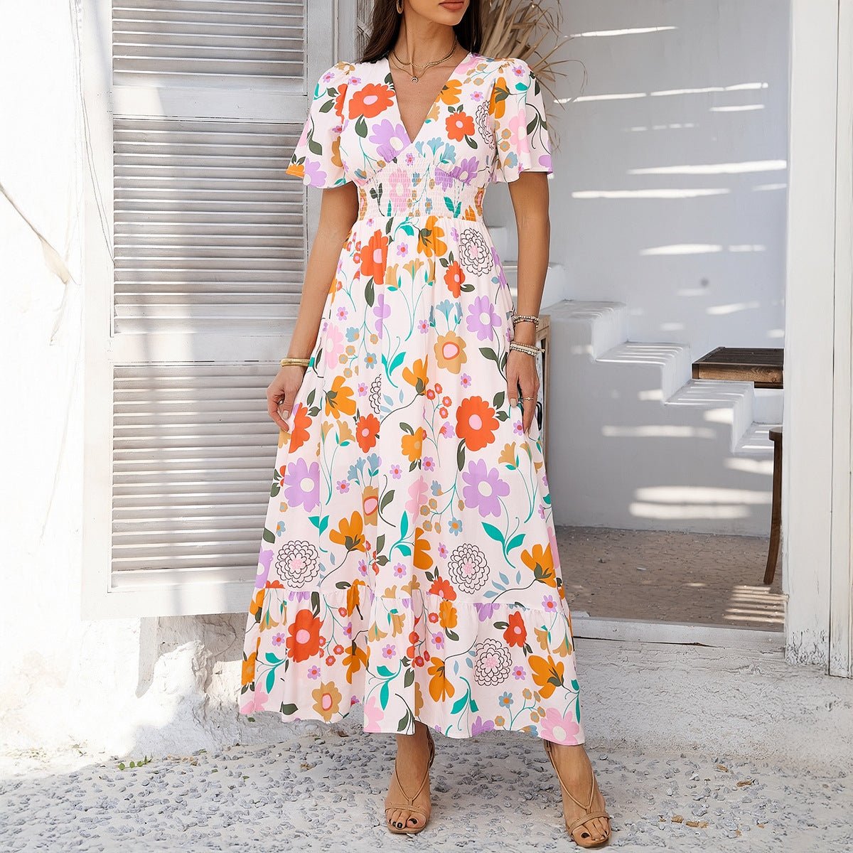 Bohemian Colorblock Print V-Neck Dress | Resort Vacation Wear