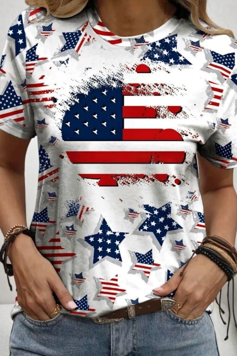 Women's American Flag Printed Casual Cotton Crew Neck Short Sleeve T-Shirt