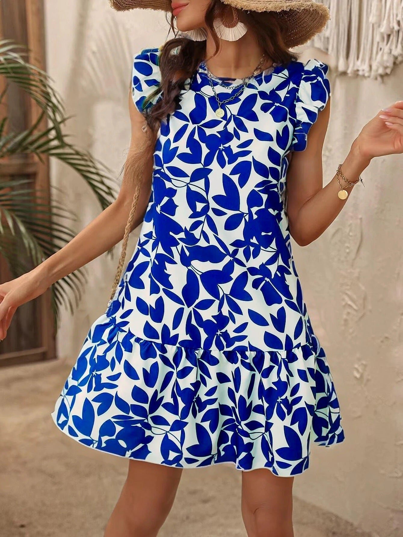 Printed Round Neck Flutter Sleeve Ruffle Dress | High-Waist Feminine Boutique Dress