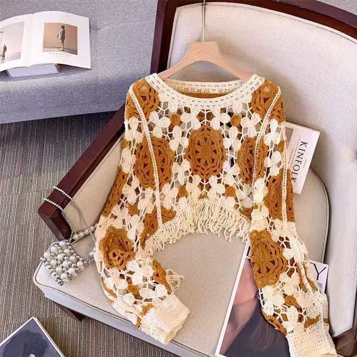 Hollow Tassel Long Sleeve Knit Cover-Up Top