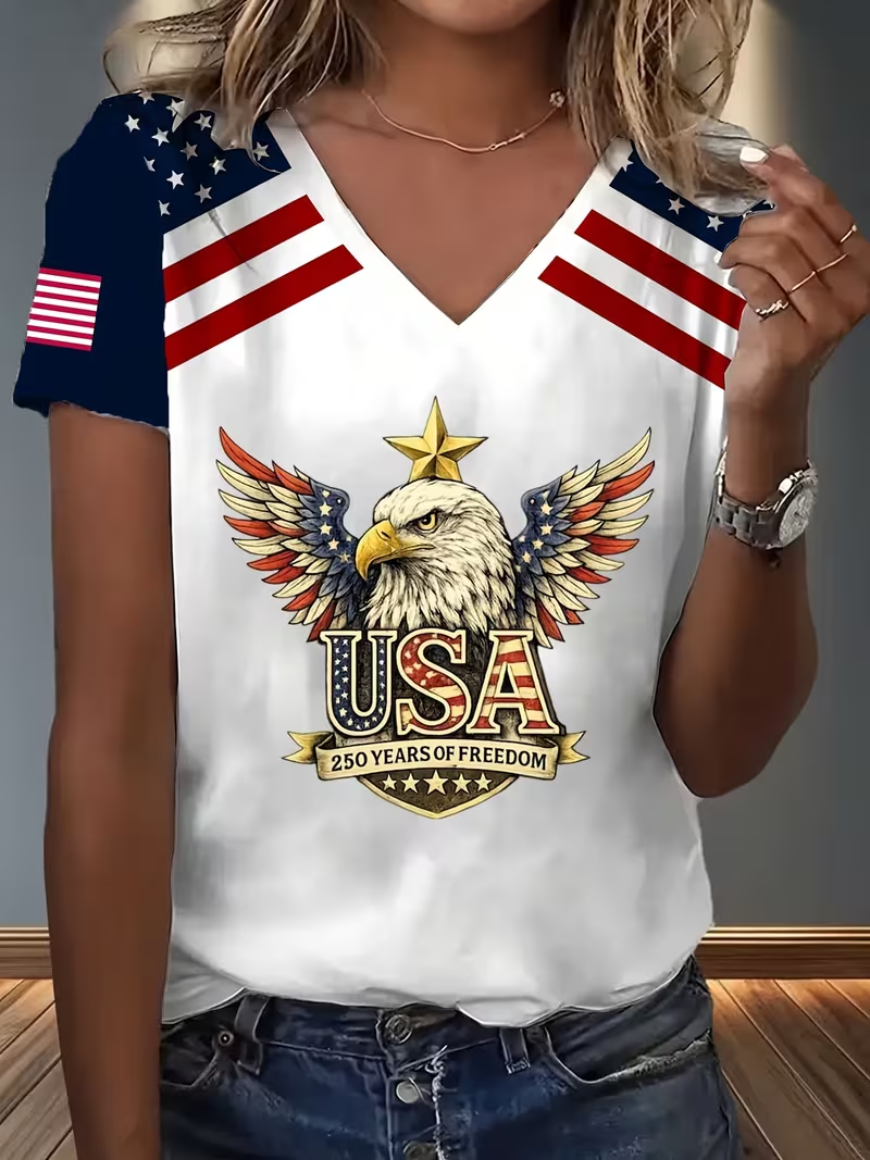 Women's USA 250th Anniversary Short Sleeve T-shirt Summer White Text Letters Jersey V Neck Holiday Going Out Casual Top