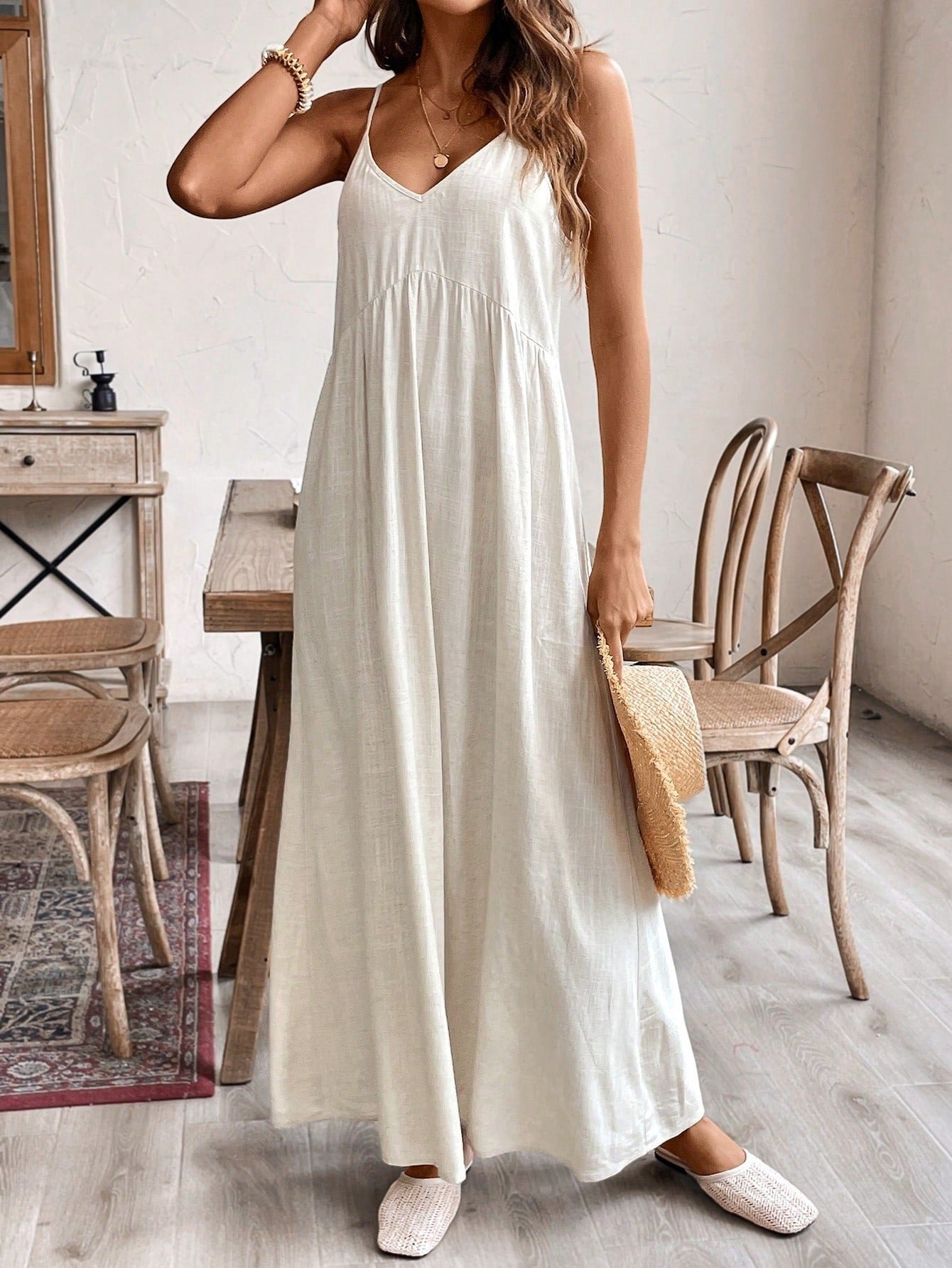 Solid Linen Loose Strap Dress | Casual Pullover Vacation Dress