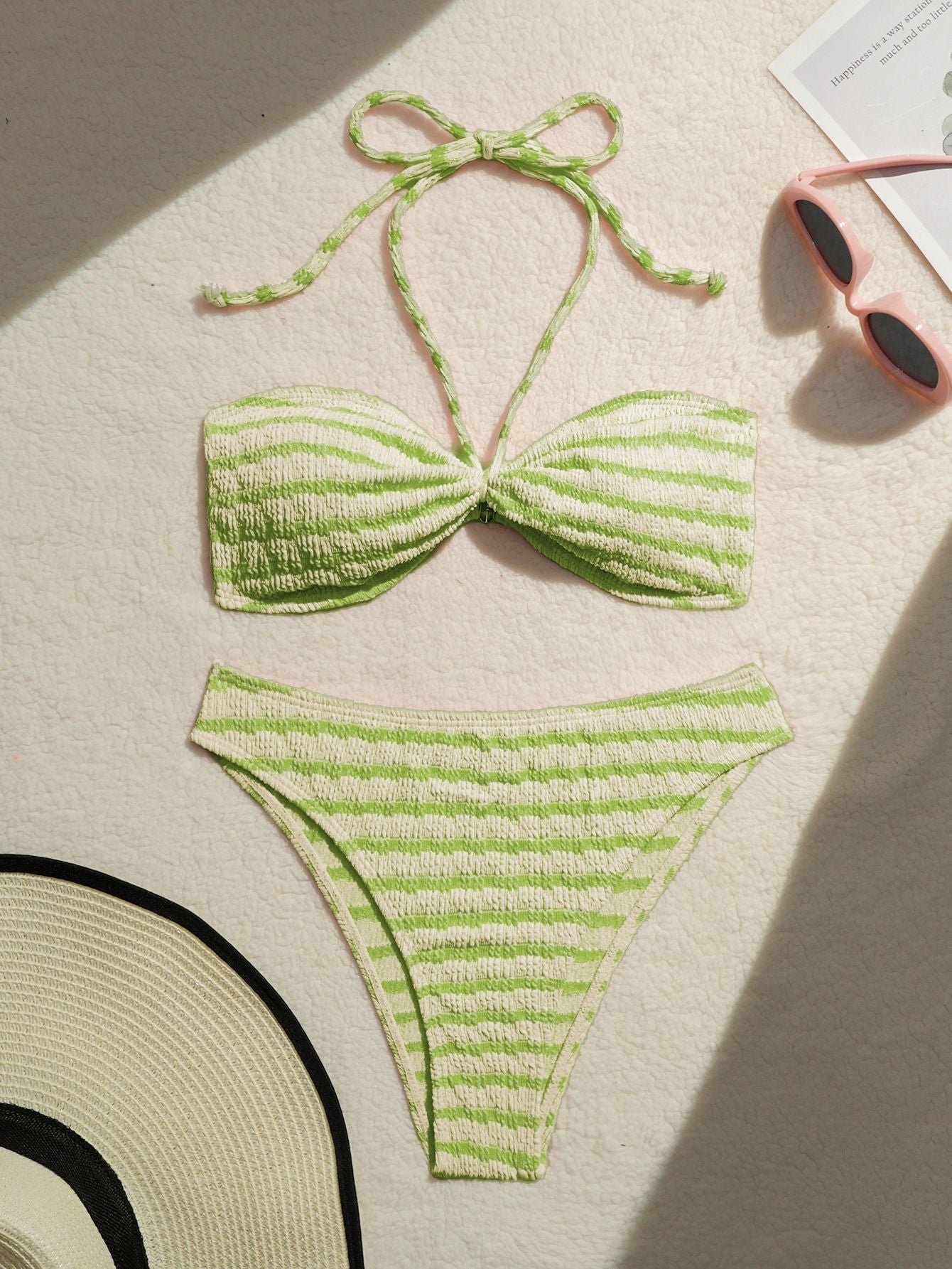 Striped Halter Two-Piece Bikini Set | Padded Wire-Free Beach Swimwear
