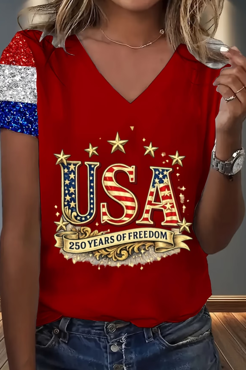 Women's Short Sleeve T-shirt Summer Red America Flag Jersey V Neck Holiday Going Out Casual Top