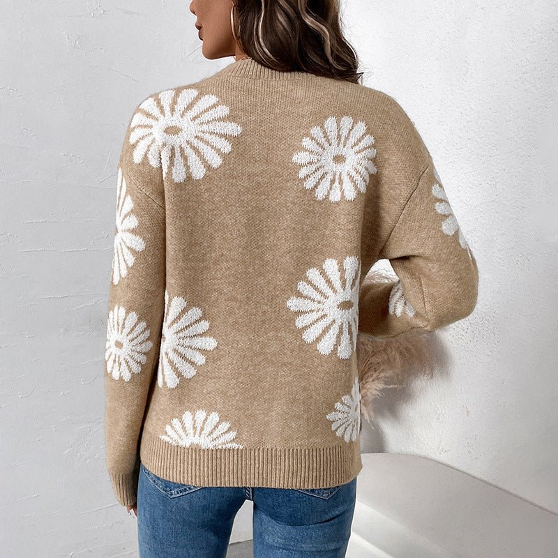 Floral Round Neck Pullover Knit Sweater | Autumn Winter Casual Boutique Top