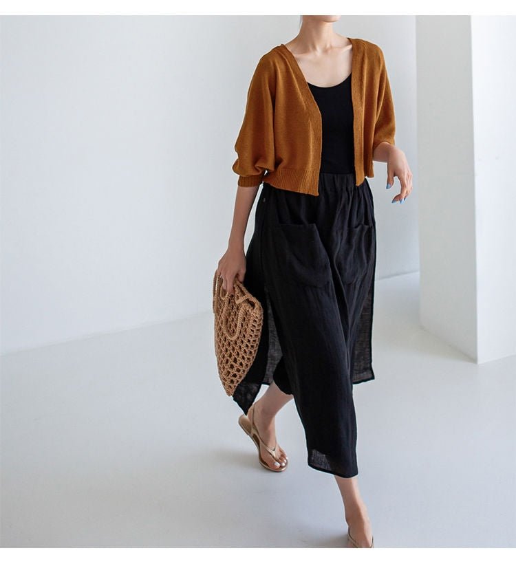 Faux Two-Piece Split Cropped Culotte Pants | Vintage Casual Skirt Trousers