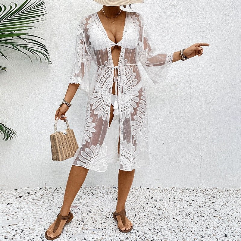 Lace Embroidered Floral Kimono Bikini Cover-Up | Cotton-Blend Resort Beach Cardigan