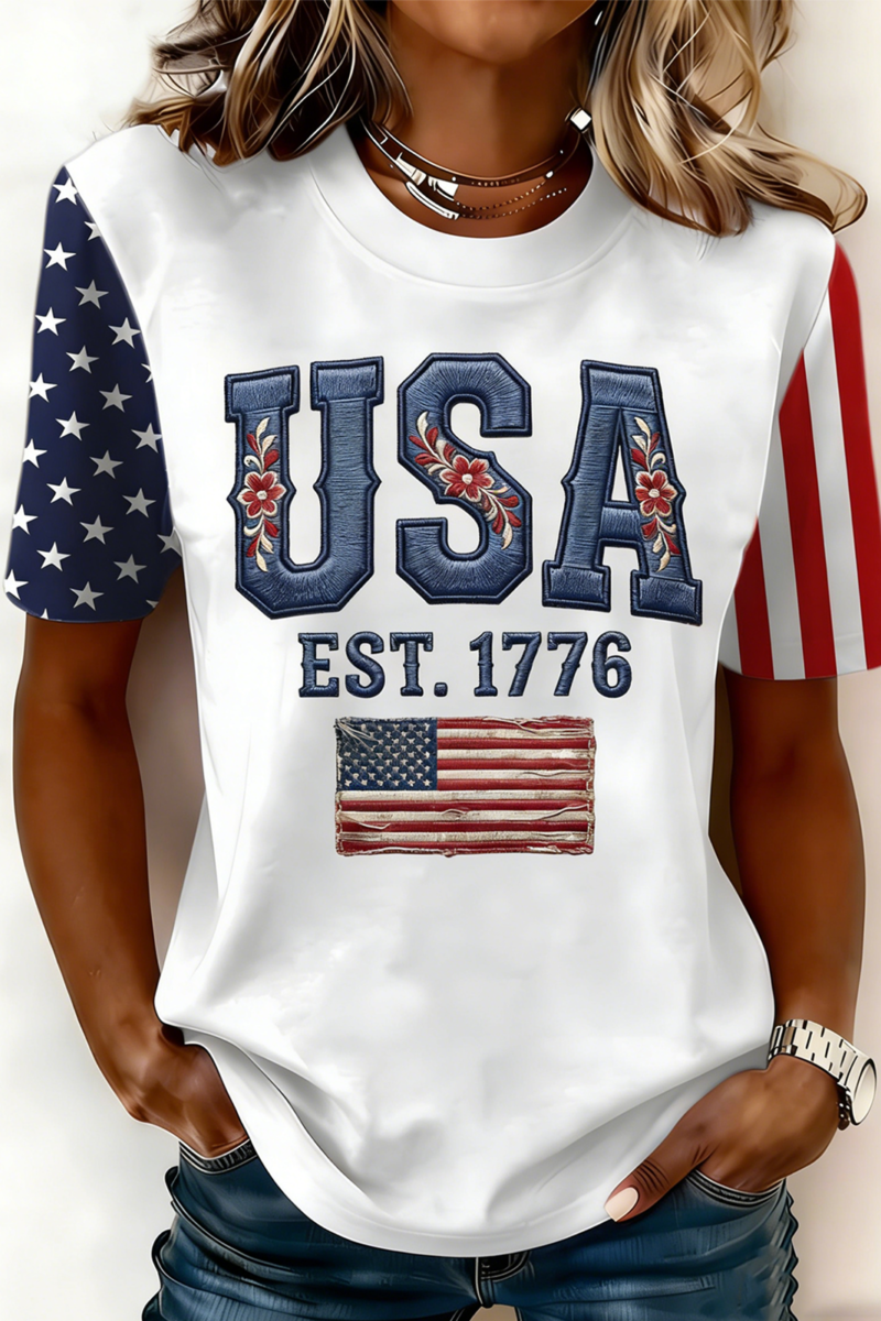 Casual Crew Neck Usa/Us/American Cotton T-Shirt