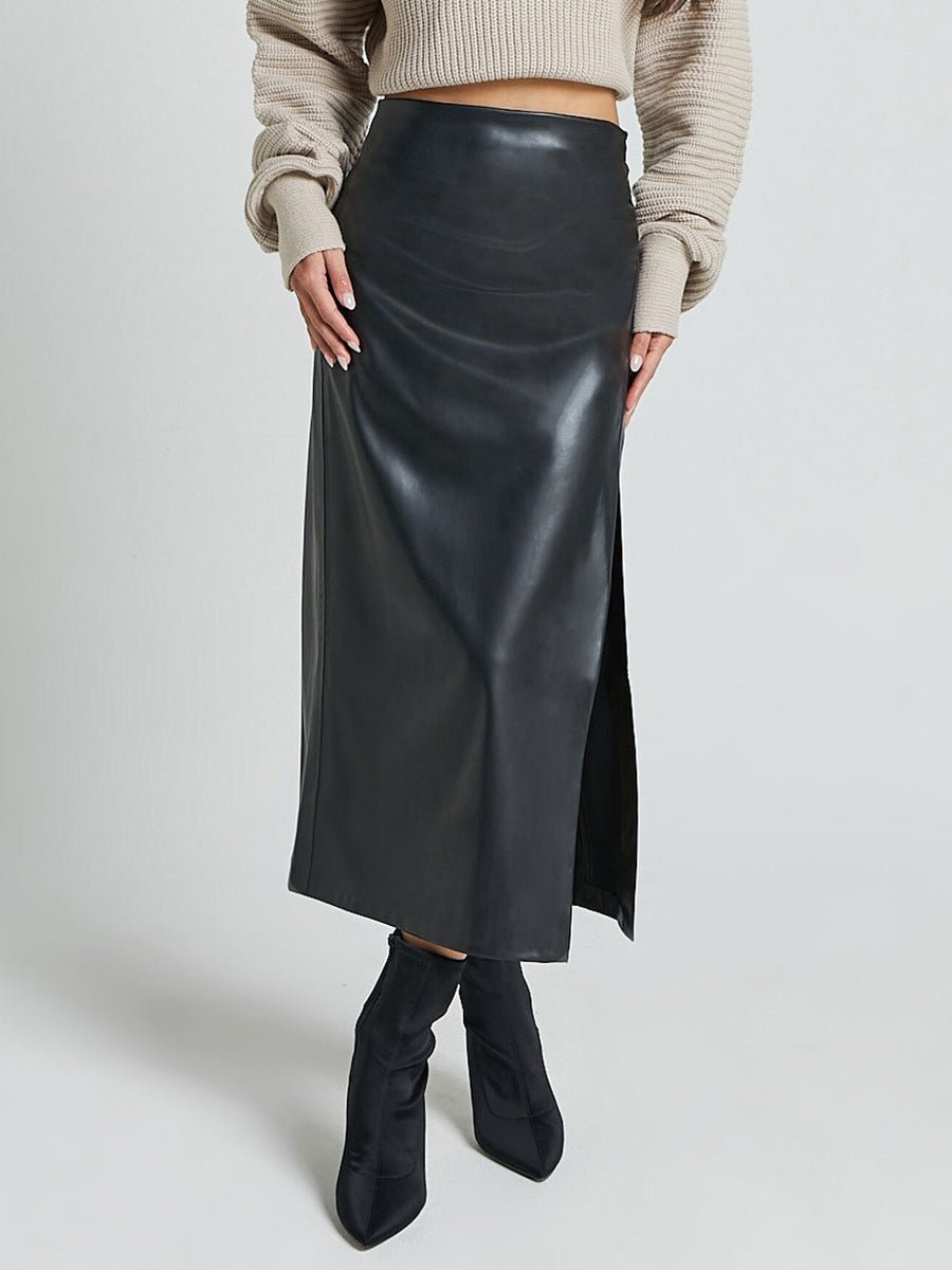 PU-Look High-Waist Slit Bodycon Maxi Skirt | Zipper Boutique Long Skirt