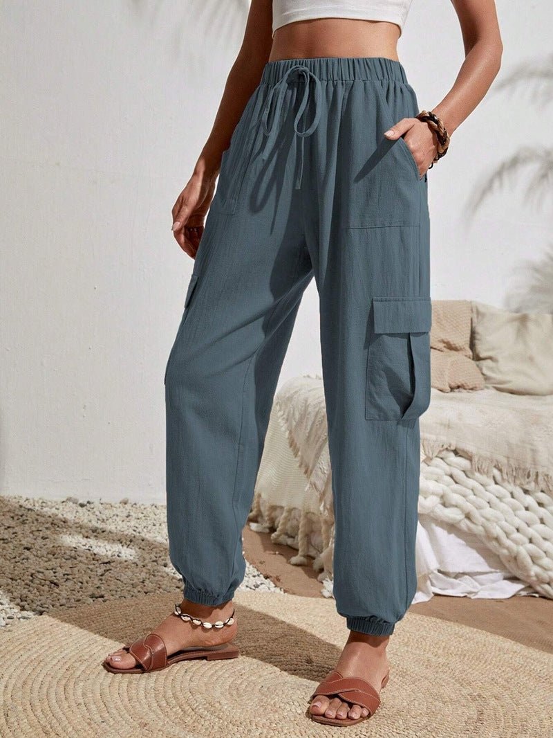 Solid Pocket Casual Cargo Pants | Elastic Waist Utility Trousers
