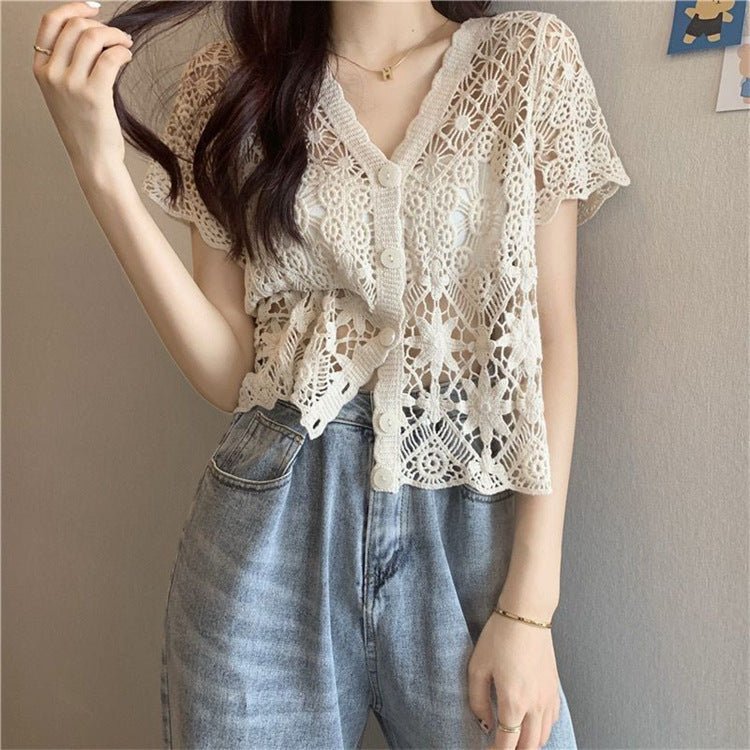 Embroidered Crochet Short Sleeve Knit Cardigan | Cotton Urban Layering Top