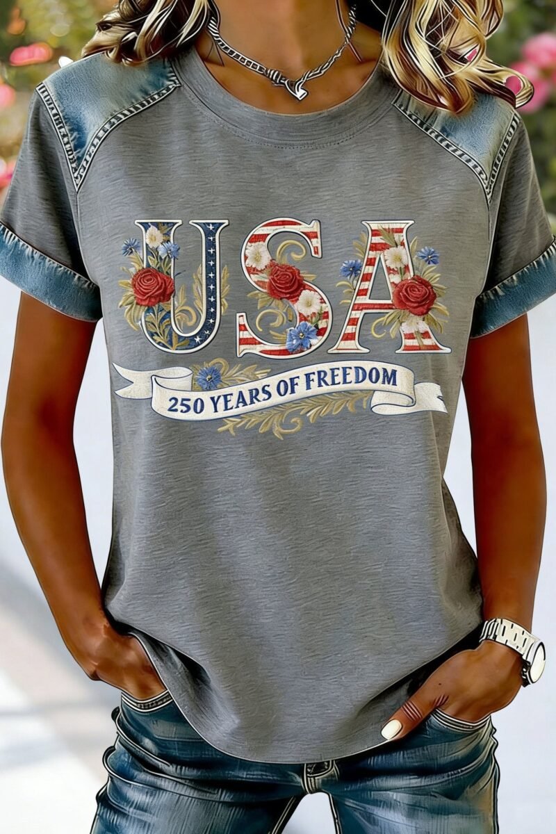 Waffle Color Block Crew Neck Short Sleeve Amercia Flag Roes Denim Look/Denim Effect Casual T-Shirt