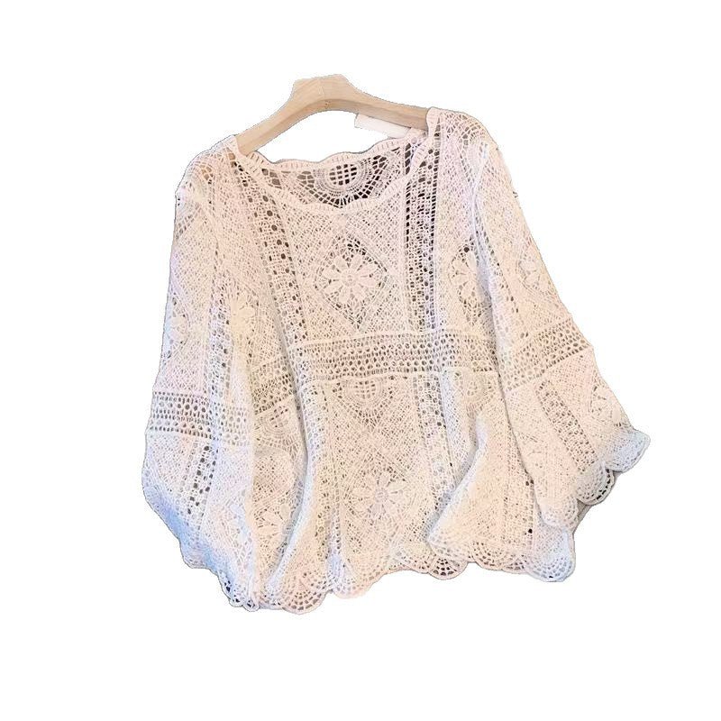 Boho Crochet Hollow Knit Pullover Top | Bell Sleeve Cotton Cover-Up