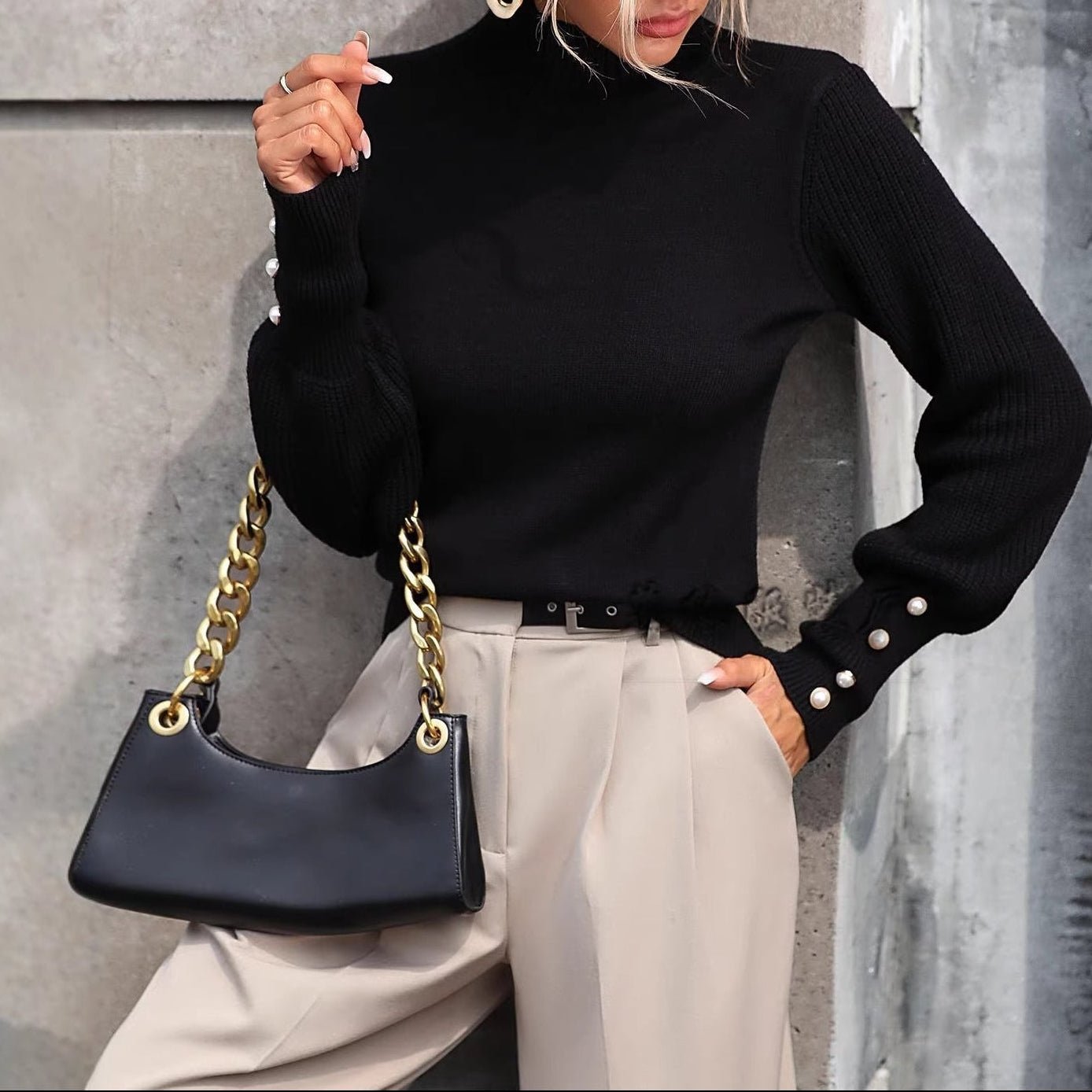 Solid Beaded Round Neck Pullover Knit Sweater | Elegant Seasonal Boutique Top