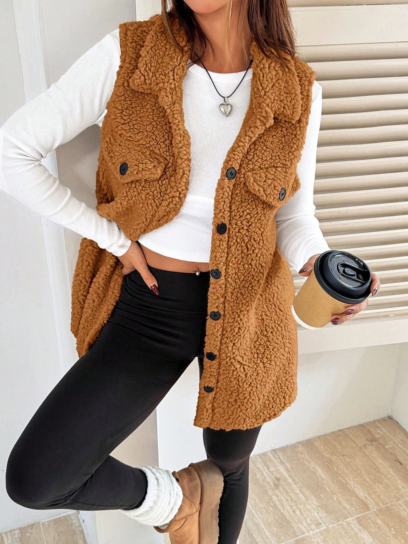 Faux Shearling Lapel Button Vest Coat | Cozy Wool-Blend Boutique Outerwear