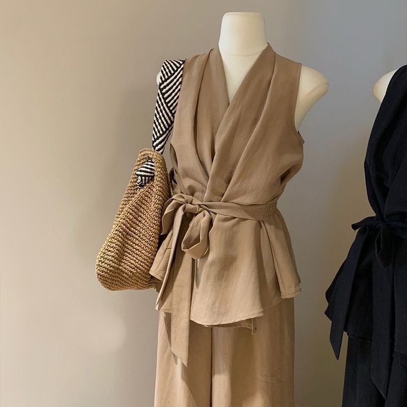 French V-Neck Halter Top & Wide Leg Pants Set | Chic Summer Two-Piece Outfit