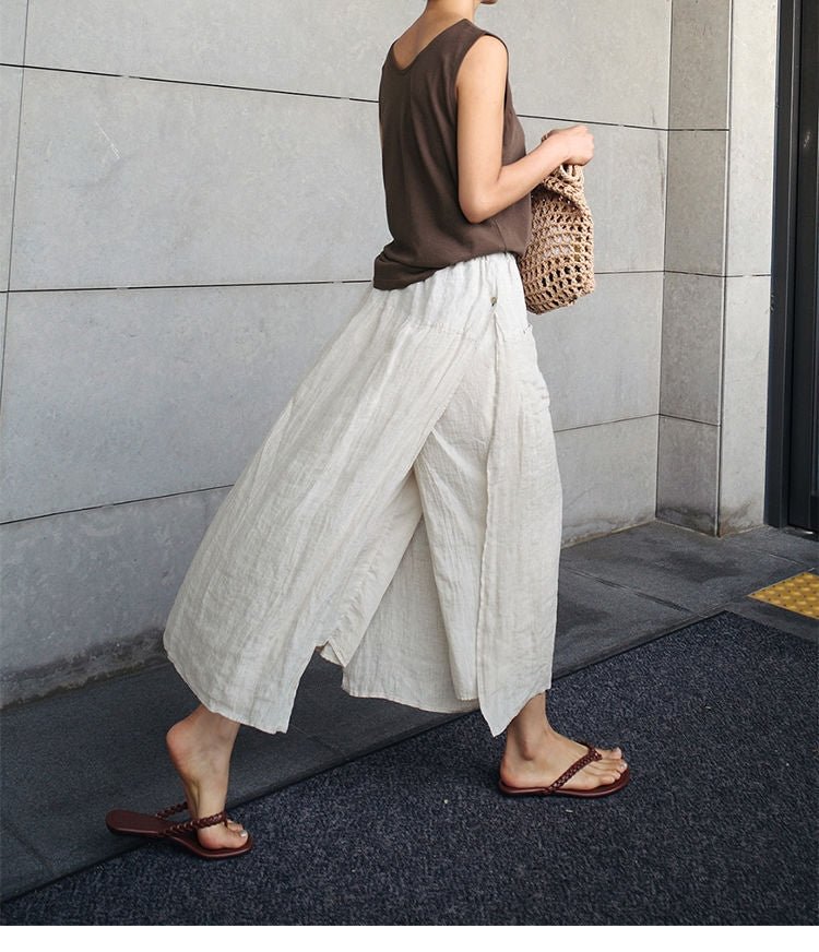 Faux Two-Piece Split Cropped Culotte Pants | Vintage Casual Skirt Trousers