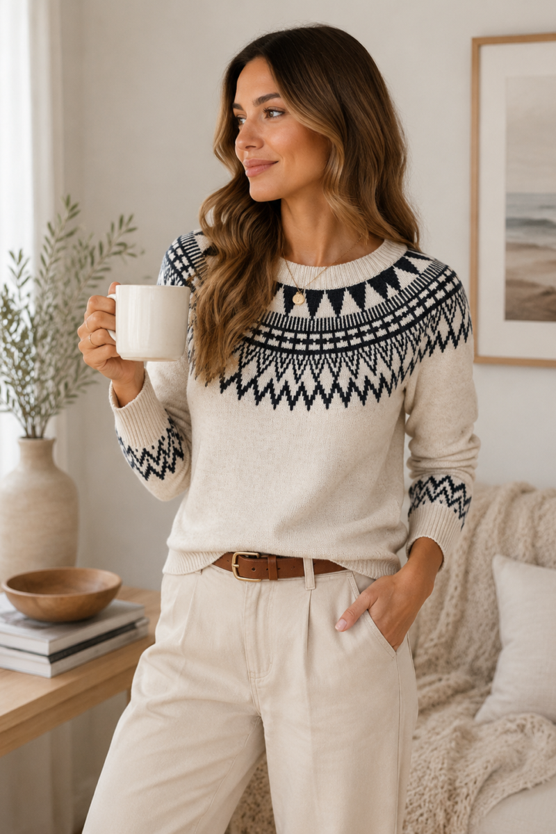 Ethnic-Inspired Round Neck Pullover Knit Sweater | Casual Viscose Boutique Top